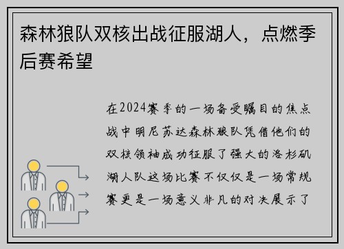 森林狼队双核出战征服湖人，点燃季后赛希望